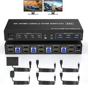 Ennovor USB 3.0 KVM Switch HDMI Dual Monitors 4 Computers, 4K@60Hz HDMI Dual Monitor Switch for 4 PCs with Audio Output and 3 USB 3.0 Ports, 4 Port HDMI KVM Switch Input Supports EDID Emulators