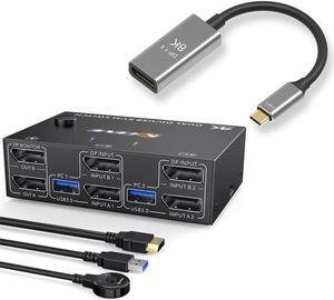 KVM Switch Dual Monitor DisplayPort 1.4 8K@30Hz 4K@144Hz 2 in 2 Out + USB C to DisplayPort Adapter 8K@30Hz 4K@144Hz for Laptops Share 2 DisplayPort Monitors and 4USB3.0 Devices