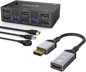 KVM Switch Dual Monitor DisplayPort 1.4+8K Displayport to HDMI Adapter