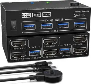 Ennovor Switcher USB3.0 High Definition Port Double Channel KVM Switcher 202AS High Definition Display and Smooth Color Performances