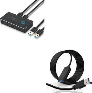 ikuai USB 3.0 Switch Selector 2 Computers Sharing 4 USB Devices and Audio Output KVM Switch + 16 Feet USB 3.0 Active Extension Male to Female Cable with Chipsets Signal Booster