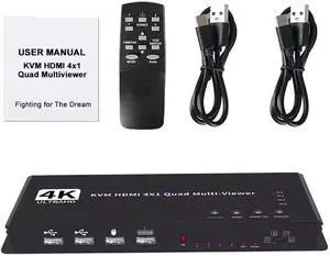 Ennovor DAGIJIRD 4 in 1 Out 4K KVM Switch Multiviewer Seamless HDMI Switch with Keyboard Hotkey, Quad Screen Segmentation Video Wall Controller Matrix Switch