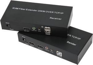 ciciglow HD KVM Extender, 1080P 60Hz KVM Fiber Extender, 20KM Single Mode Fiber KVM Transmitter Receiver, Independent Audio, Support Local Output and Remote Control