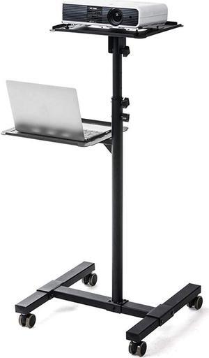 Projector Mount Bracket Mobile Projector and Laptop Stand, Rolling Cart with Ventilated Tray, Black Height Adjustable Laptop and Projector Presentation Trolley, 2 Shelves Projector Stand