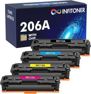 206A Toner Cartridges 4 Pack (with Chip) Compatible  206A 206X  Color Laserjet Pro MFP M283fdw M283cdw Pro M255dw M283 M255 Printer W2110A Set Ink High Yield (Black Cyan Yellow Magenta)