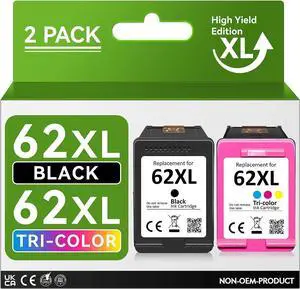 High Yield 62XL Ink Cartridges Black and Color Replacement  62XL Ink Cartridge Combo Pack, Fit for Envy 5540 5640 7640 5660 7645 5661 5542 5642 for OfficeJet 5740 5746 5745 250 Printer (2 Pack)