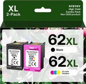 62XL Ink Cartridge Combo Pack Black & Color Replacement  62 XL, 62XL Remanufactured Ink Work with Envy 5540, 5660, 7640, 7645 Series, OfficeJet 5740, 5745 Series (2-Pack)
