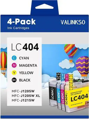 Valinkso LC404 Ink Cartridges Replacement for Brother Ink Cartridge LC 404 Color Standard Yield Compatible for Printer MFC-J1205W MFC-J1215W MFC-J1205W XL(4 Pack,1 Black 1 Cyan 1 Magenta 1 Yellow)