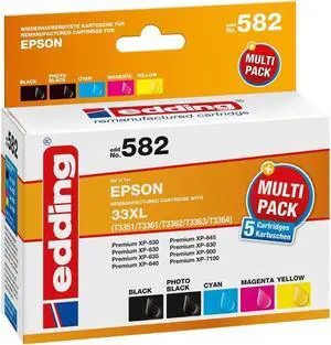 edding EDD-582 Ink Cartridge Multipack 5  Black, Photo Black, Cyan, Magenta, Yellow  1 x 15 ml + 4 x 11 ml  2 x 640 3 x 650 Pages  Replaces Epson T33XL (T3351/61/62/63/64)
