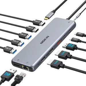 USB C Docking Station 3 Monitors USB Hub Laptop Dual Monitor Multiport Adapter Dock Dongle,USB C to 2 HDMI,DisplayPort,PD Charging,Ethernet,7 USB A/C 3.1/3.0/2.0 Ports,Audio