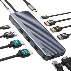 3 Monitor USB C Docking Station Laptop Docking Station 2 HDMI Triple Dispaly Dual HDMI USB C Hub Multi Monitor Adapter with 2 4K HDMI VGA PD 100W 10Gb USB C/A Ethernet Audio for Dell HP Lenovo Surface