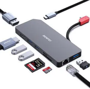 BENFEI 9in1 USB C MST Laptop Docking Station, USB-C Hub with USB-C to HDMI DisplayPort Dual Monitor/3*USB Type-A/1*USB Type-C(10Gbps+100W PD)/SD/TF Card Reader/1*RJ45