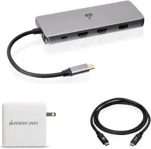 IOGEAR USB-C Triple Display Dock Station GUD3C4K3P with USB-C 6Ft Cable and 100W USB-C GaN Charger Adapter Bundle