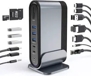 USB C Hub 17 in 1 Adapter Dock USB-C 4K Triple Display Docking Station with 3 4K HDMI, o, Ethernet, 5 USB Ports, 100W PD, SD/TF Card Reader, 1 DC Supply for Windows, PC, Mac, Laptops