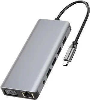 USB C Docking Station 12 in 1 Hub Adapter with 4K+VGA+USB 3.0 Port+100W PD+Ethernet+SD/TF+3.5mm USB C Docking Station for Laptop