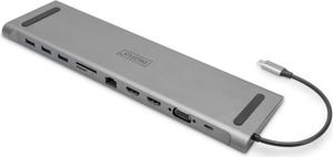 DIGITUS USB-C Docking Station for Laptops - 11 Ports - 2X HDMI, 1x VGA - Ultra HD 4k30Hz - 3X USB 3.0, 1x USB Type-C - RJ45 LAN, Audio Jack, Card Reader - Silver