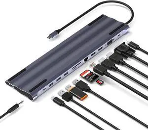 Isheep USB C Hub with Dual HDMI and VGA Ports,12 in 1 Laptop Docking Station,Enternet,100W PD,USB 3.0,Type C 5Gbps,SD/TF Card Reader and Audio Jack,for MacBook,hp,Lenovo,ASUS,etc,KH12RHV