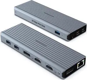USB C Hub, 11 in 1 Docking Station with Multi Display for D-ell, Hua-wei, Le-novo - includes 2 C to C and C to A Cables, 2 * 4K HDMI, 2 * 4K DP, 3 * 10Gbps USB-A, Ethernet, PD, 3.5MM Jack