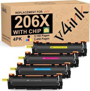 v4ink 206X 206A Toner Cartridge 4 Pack Compatible Replacement (Latest Upgraded Chip)   206X W2110X W2111X W2112X W2113X for use in Color Pro M255dw MFP M283fdw M283cdw M282nw M283 M255 Pirnter