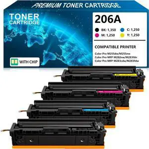 206A Toner Cartridges 4 Pack (with Chip) Compatible Replacement for 206A 206X W2110A W2110X Toner for Color MFP M283fdw M283cdw M283 Pro M255 M255dw Printer Ink (Black/Cyan/Yellow/Magenta)
