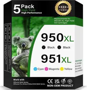 950XL 951XL Ink Cartridges Combo Pack for HP Printer Ink 950 951 XL Ink Cartridge (2 Black, Cyan, Magenta, Yellow) 5-Pack Work with HP OfficeJet Pro 8600 8610 8620 8100 8630 8660 8640 8615 76DW 251DW