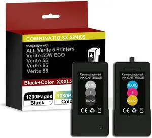 Ennovor High Capacity Verite 5 Ink Cartridge Replacement for Verite 5 XXXL for Verite 55W ECO Verite 55 Eco Verite 65XXXL Verite 55XXXL Plus (2Pack 1Black 1Color)