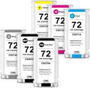 72 Ink Cartridge Replacement for HP 72 Ink Cartridges Work for DesignJet T610 T620 T770 T790 T795 T1100 T1120 T1200 T1300 T2300 (6-Pack/1-Set, 130ML) Latest Updated Chip