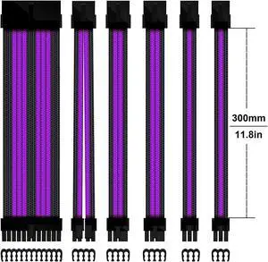 Sleeved Cable - Cable Extension for Power Supply with Extra-Sleeved 24-PIN 8-PIN 6-PIN 4+4-PIN with Combs- Black and Purple