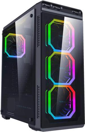 Apevia Aura-P-BK Mid Tower Gaming Case with 2 x Full-Size Tempered Glass Panel, Top USB3.0/USB2.0/Audio Ports, 4 x RGB Fans, Black Frame