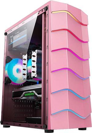 BBNB Pink Computer Cases, Mid-Tower PC Gaming Computer Case ATX/M-ATX/ITX,Side Tempered Glass Panel,Personalized RGB Light Strip Panel