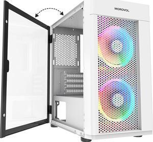 MOROVOL MESH Micro-ATX Tower 2 PCS 120MM ARGB Fans Computer Case USB 3.0 Ports Opening Tempered Glass Panel & Mesh Front Panel Airflow Gaming PC Case (White)