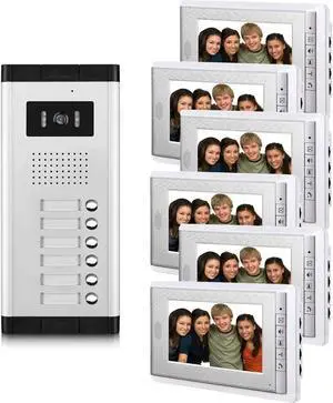 6 Units Apartment Video Intercom System, 7 inch Monitor Wired Video Door Phone Kit, Indoor Outdoor Video Doorbell, ID Keyfobs Unlock, 2 Way Audio, 6-Screen for Home Apartment