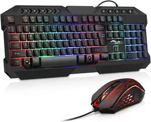 BAKTH Multiple Color LED Rainbow Backlit Wired Gaming Keyboard and Mouse Combo, USB Ergonomic Computer Keyboard with 7 Colors 3600DPI 6 Button Mouse for PC Windows Mac Game and Work