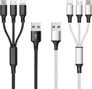 Multi USB Charging Cable 3A, 3 in 1 Fast Charger Cord Connector with Dual Phone/Type C/Micro USB Port Adapter, Compatible with Tablets Phone 12 11 Pro 8 7 6 Samsung Galaxy (4FT/2Pack Charging Only)