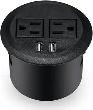 Kungfuking Desktop Power Grommet Power Outlet Socket Desk Data Center 2 Outlet with 2 USB Ports with 10 FT Extension Cord Black