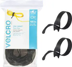 VELCRO Brand ONE-WRAP Cable Ties, 100Pk, 8 x 1/2" Black Cord Organization Straps, Thin Pre-Cut Design, Wire Management for Organizing Home, Office and Data Centers