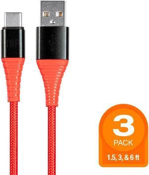 Monoprice Nylon Braided USB C to USB A 2.0 Cable - 3 Pack (1.5ft, 3ft, 6ft) - Red | Type C, Durable, Fast Charge for Samsung Galaxy S10/ Note 8, LG V20 and - AtlasFlex Series