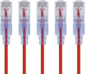 Monoprice SlimRun Cat6A Ethernet Patch Cable - Network Internet Cord - RJ45, Stranded, UTP, Pure Bare Copper Wire, 30AWG, 2ft, Red, 5-Pack