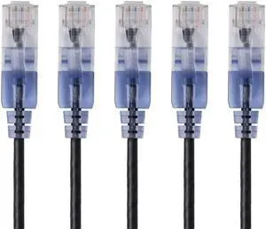 Monoprice SlimRun Cat6A Ethernet Patch Cable - Network Internet Cord - RJ45, Stranded, 550Mhz, UTP, Pure Bare Copper Wire, 10G, 30AWG, 7ft, Black, 5-Pack