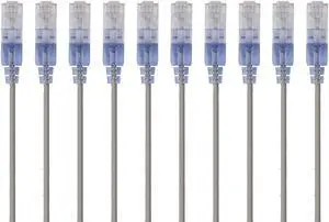 Monoprice SlimRun Cat6A Ethernet Patch Cable - Network Internet Cord - RJ45, 550Mhz, UTP, Pure Bare Copper Wire, 10G, 30AWG, 7ft, Gray, 10-Pack