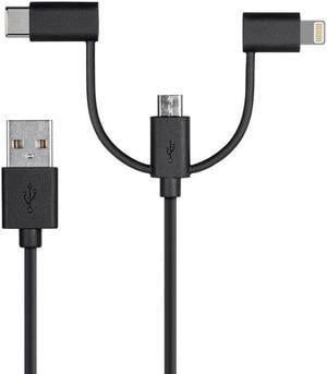 Monoprice USB & Lightning Cable - 3 Feet - Black | MFi Certified USB to Micro USB + USB Type-C + Lightning 3 in 1 Charge & Sync Cable