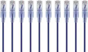 Monoprice SlimRun Cat6A Ethernet Patch Cable - Network Internet Cord - RJ45, Stranded, UTP, Pure Bare Copper Wire, 30AWG, 2ft, Purple, 10-Pack