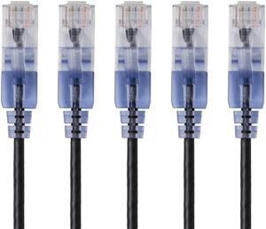 Monoprice SlimRun Cat6A Ethernet Patch Cable - Network Internet Cord - RJ45, 550Mhz, UTP, Pure Bare Copper Wire, 10G, 30AWG, 7ft, Black, 5-Pack