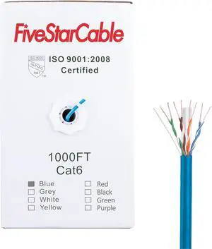 FiveStarCable 1000Ft Bulk Cat6 CMR Network Ethernet Cable, Solid Bare Copper, Riser Rated Cable, 23AWG 4 Pair UTP Internet Cable, PVC Blue, Easy Pull Box