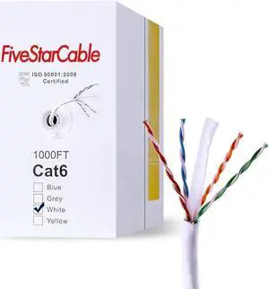 FiveStarCable Cat6 1000 Ft. 23AWG UTP Bulk Internet PVC Wire Category 6 Ethernet Router Cable  White