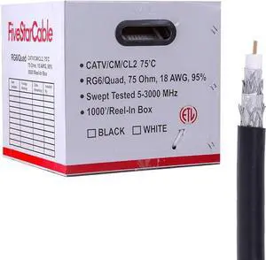 Five Star Cable ETL Listed RG6 18AWG Coaxial Cable, Quad Shielded, Black, Spool, 1000 Ft