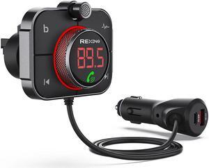 Rexing FMT2 FM Transmitter Car Charger w/Bluetooth 5.0, MicroSD Port, Wireless Audio Adapter USB & Type C, Quick Charge 3.0, Enhanced Bass Music Player, Hands-Free Calling, Siri&Google Assistant