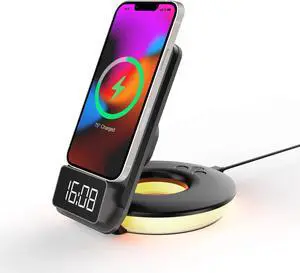 Rexing 3-in-1 Wireless Charging Station, Touch Control, Table Lamps for Home and Office, Desk Lamp with Cable, 15W Qi-certified Charging, Alarm Clock - Black