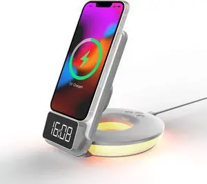 Rexing 3-in-1 Wireless Charging Station, Touch Control, Table Lamps for Home and Office, Desk Lamp with Cable, 15W Qi-certified Charging, Alarm Clock - White