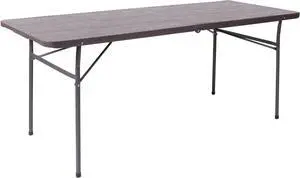 6-Foot Bi-Fold Brown Wood Grain Plastic Folding Table with Carrying Handle